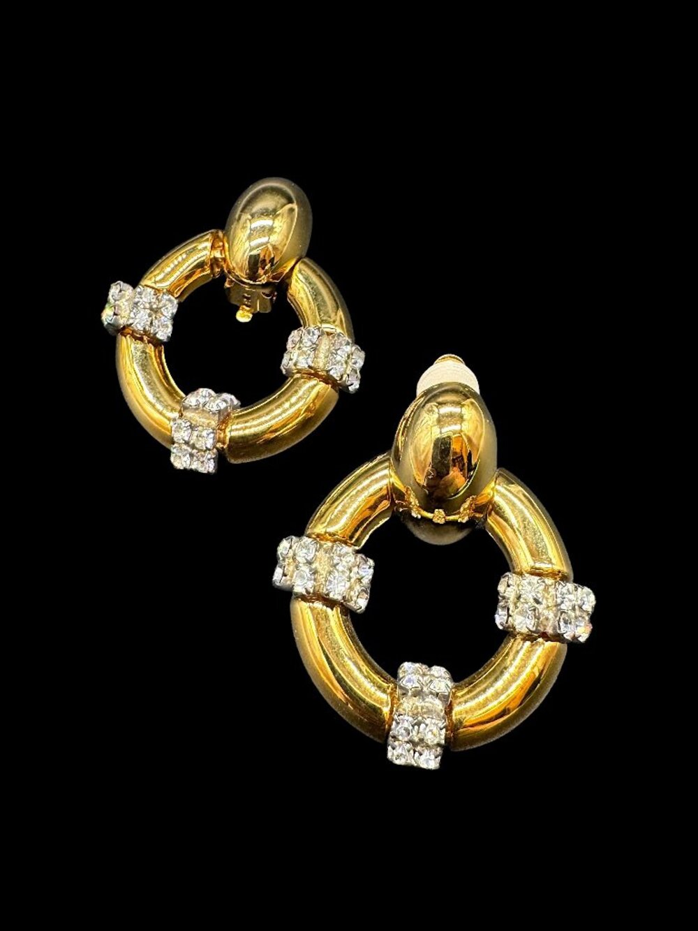 Vintage Clip on Earrings Gold Tone and Clear Rhinestones Round Statement